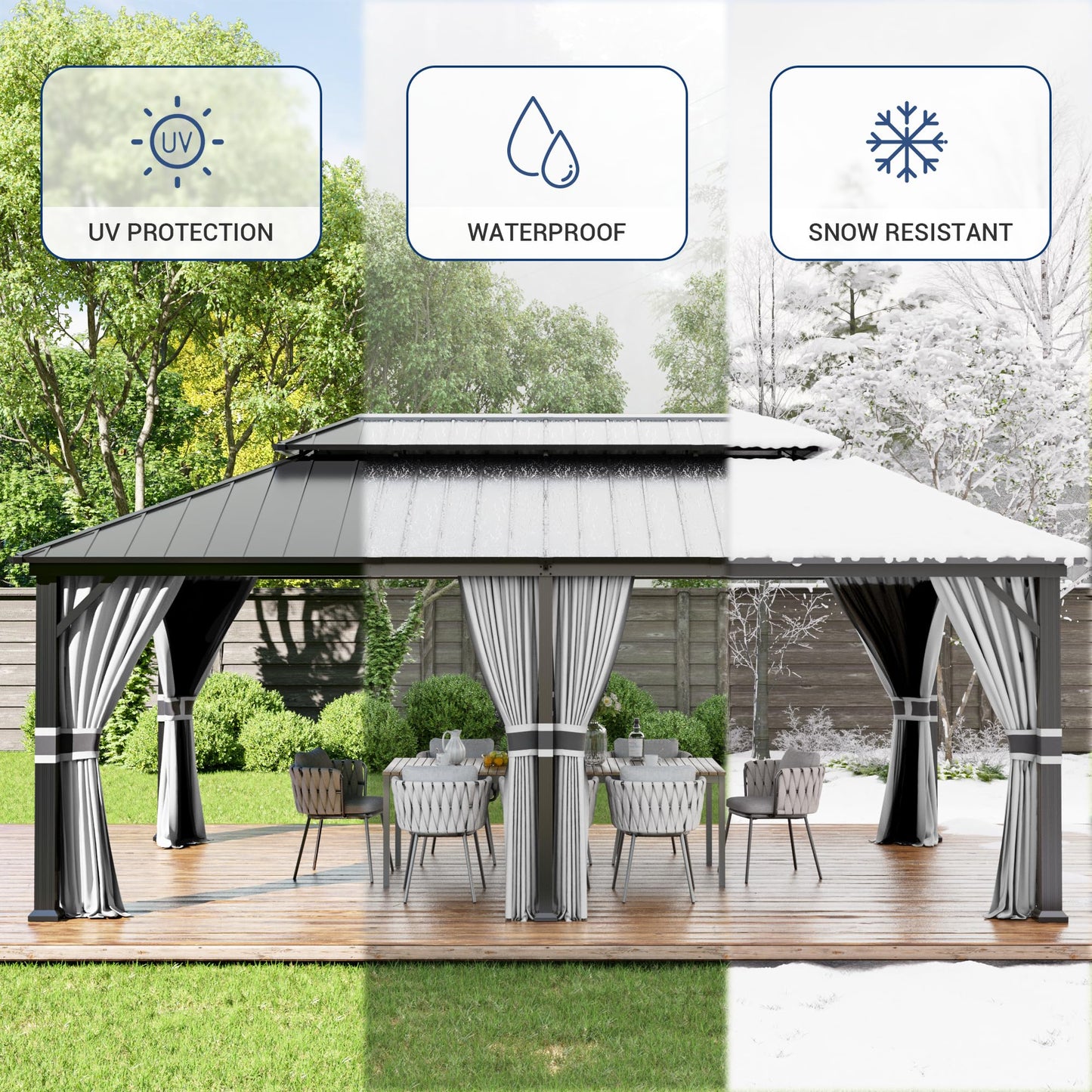 Amopatio 12' X 20' Hardtop Gazebo, Aluminum Metal Gazebo with Galvanized Steel Double Roof, Heavy Duty Permanent Outdoor Large Gazebos with Curtain and Netting for Patio Deck Backyard, Grey - WoodArtSupply