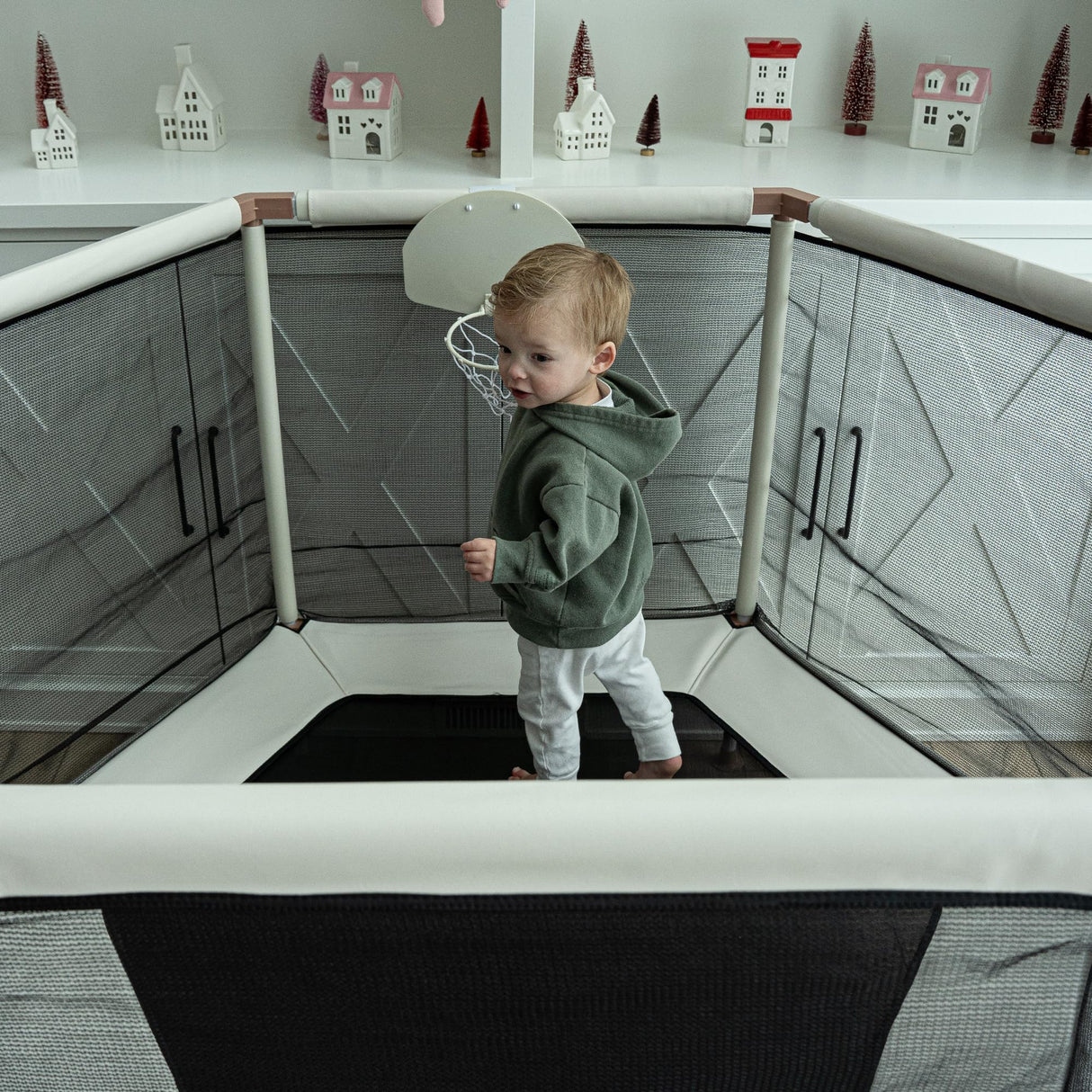 Square House Kids Trampoline, Aesthetic Indoor and Outdoor Toddler Trampoline with Safety Net, Basketball Hoop, 220lb Capacity, Ultra Safe No-Gap Design, Gifts for Boys & Girls (Sand, 5 FT) Square House