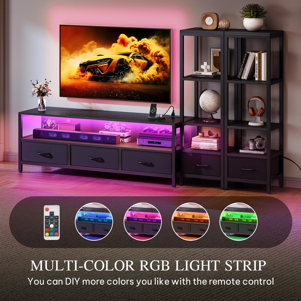 YITAHOME TV Stand 65 Inch for Living Room, LED Entertainment Center with Storage, TV Stand with 4 Tier Industrial Bookcase & Power Outlets, Modern Farmhouse TV Console Cabinet, Black YITAHOME