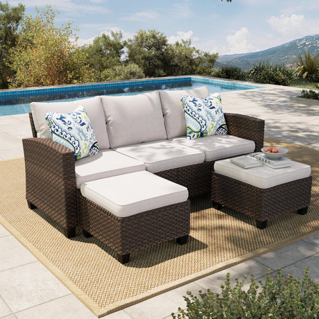 Small Patio Furniture Set, 3 Pieces Wicker Outdoor Sectional Set, L-Shaped Patio Couch Set, Modular Rattan Conversation Set with Lounge Sofa and Ottomans for Deck Lawn Garden, Beige HERA'S HOUSE