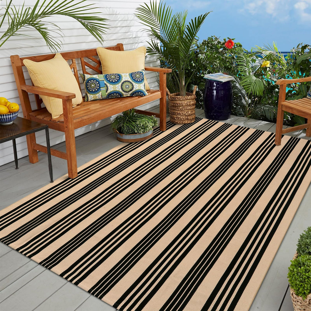 OJIA Outdoor Patio Rug 5'x7', Black and Tan Striped Outdoor Rugs Machine Washable Area Rugs Cotton Hand Woven Indoor Outdoor Rugs for Bedroom/Living Room/Front Porch/Deck/Backyard/Camping OJIA