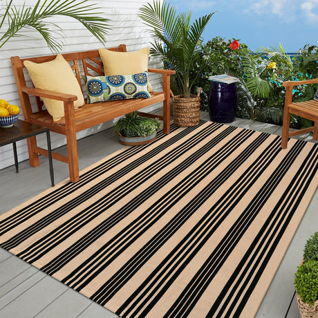 OJIA Outdoor Patio Rug 5'x7', Black and Tan Striped Outdoor Rugs Machine Washable Area Rugs Cotton Hand Woven Indoor Outdoor Rugs for Bedroom/Living Room/Front Porch/Deck/Backyard/Camping OJIA