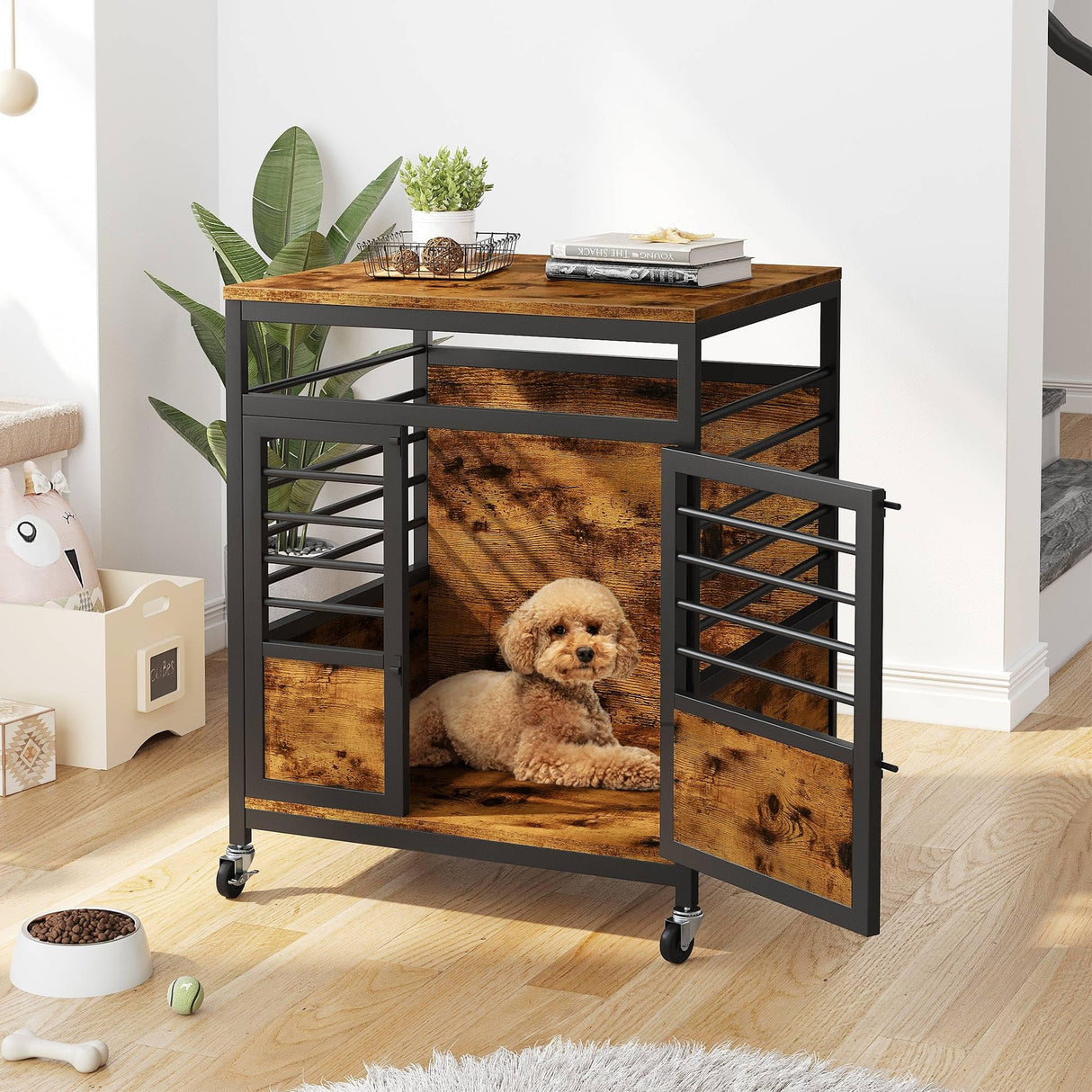 DWVO Dog Crate Furniture, 24 Inch Dog Kennel Indoor Furniture End Table Dog Crate for Dogs, Modern Decorative Dog Crate Wooden Dog Crate Furniture with Wheels, Chew-Resistant, Rustic Brown DWVO