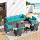 Gotland 11 Pieces Outdoor Patio Furniture Set with 2 Swivel Rocking Chairs&55,000 BTU Gas Fire Pit Table w/Glass Wind Guard Patio Conversation Sectional Sofa Sets-Blue Gotland