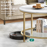 YITAHOME White Marble Round Coffee Table with Glass for Living Room, 2-Tier Circle Coffee Table with Storage Clear Coffee Table, Simple Modern Center Cocktail Table, White & Gold YITAHOME