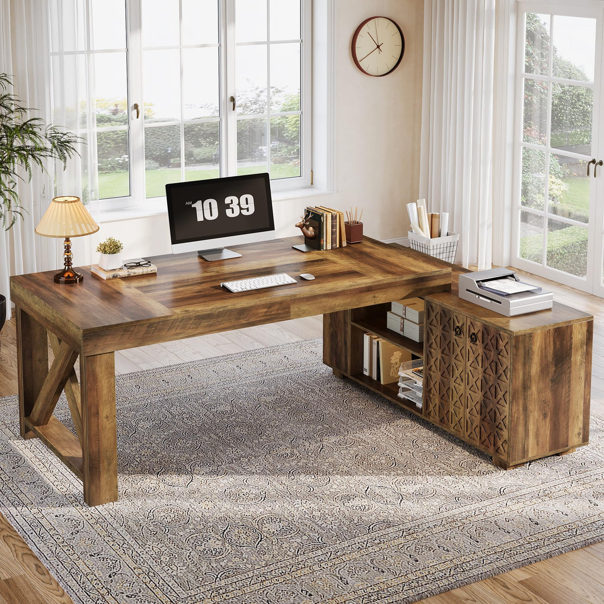 Tribesigns Farmhouse 63-Inch Executive Desk, L-Shaped Boss Desk Home Office Desks with Storage Shelves and Cabinet, Large Business Furniture Set for Home Office, Brown Tribesigns