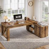 Tribesigns Farmhouse 63-Inch Executive Desk, L-Shaped Boss Desk Home Office Desks with Storage Shelves and Cabinet, Large Business Furniture Set for Home Office, Brown Tribesigns