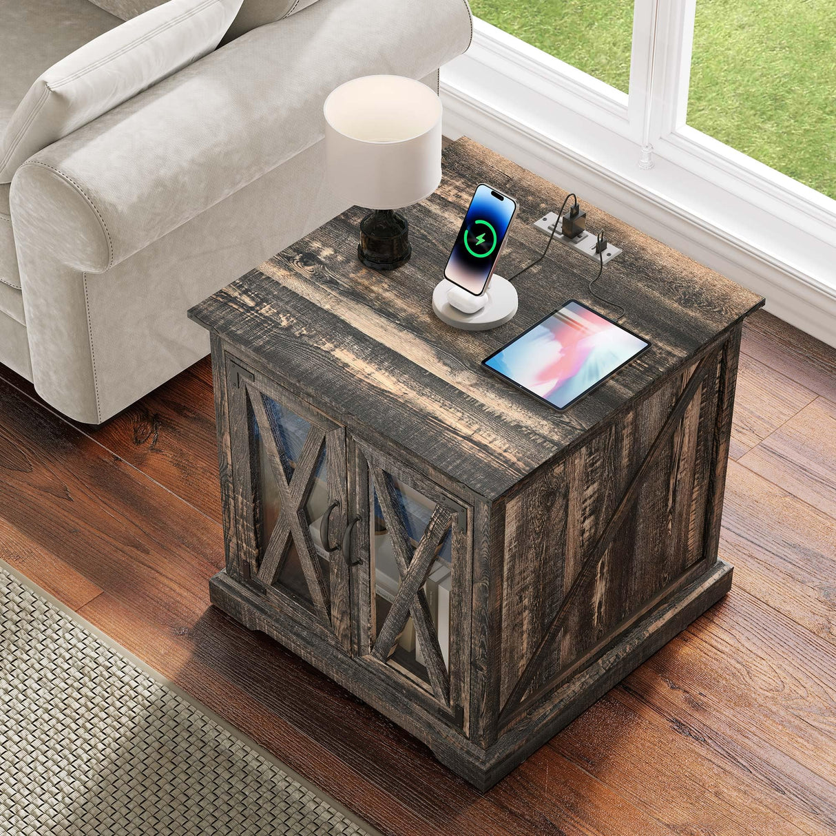 YITAHOME End Table, Farmhouse Sofa Side Coffee Table with Charging Station and LED Lights Bedside Table, Nightstand Storage for Living Room, Bedroom, Office, Dark Rustic Oak YITAHOME