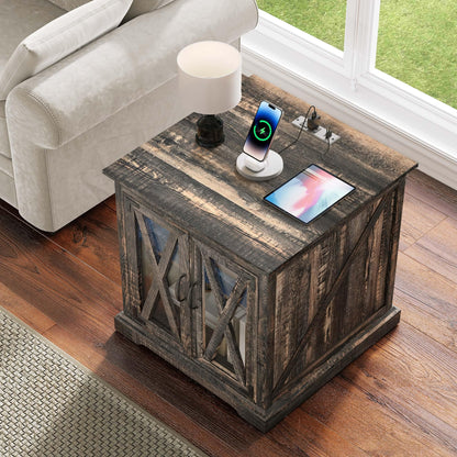 YITAHOME End Table, Farmhouse Sofa Side Coffee Table with Charging Station and LED Lights Bedside Table, Nightstand Storage for Living Room, Bedroom, Office, Dark Rustic Oak - WoodArtSupply