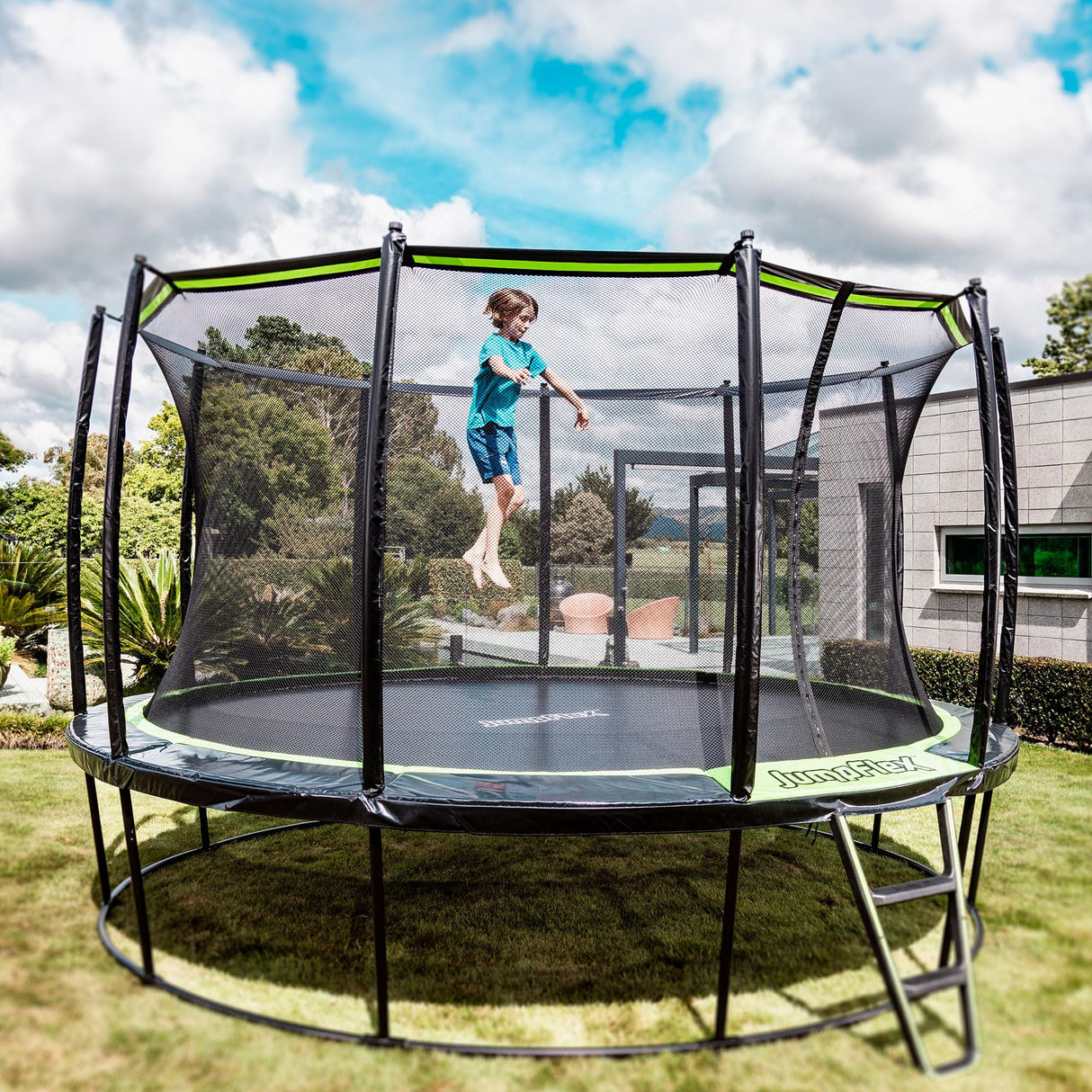 JumpFlex Large Round Recreational Backyard Trampoline & Net, 14 Foot Green/Black Jumpflex