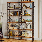 IRONCK Bookshelf Double Wide 6-Tier 76" H, Open Large Bookcase, Industrial Style Shelves, Wood and Metal Bookshelves for Home Office, Easy Assembly IRONCK