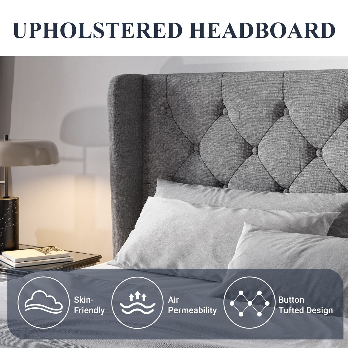 Allewie King Size Upholstered Platform Bed Frame with Wingback and Button Tufted Headboard for Reading, Strong Wood Slat Support, Modern Design, Easy Assembly, Light Grey Allewie