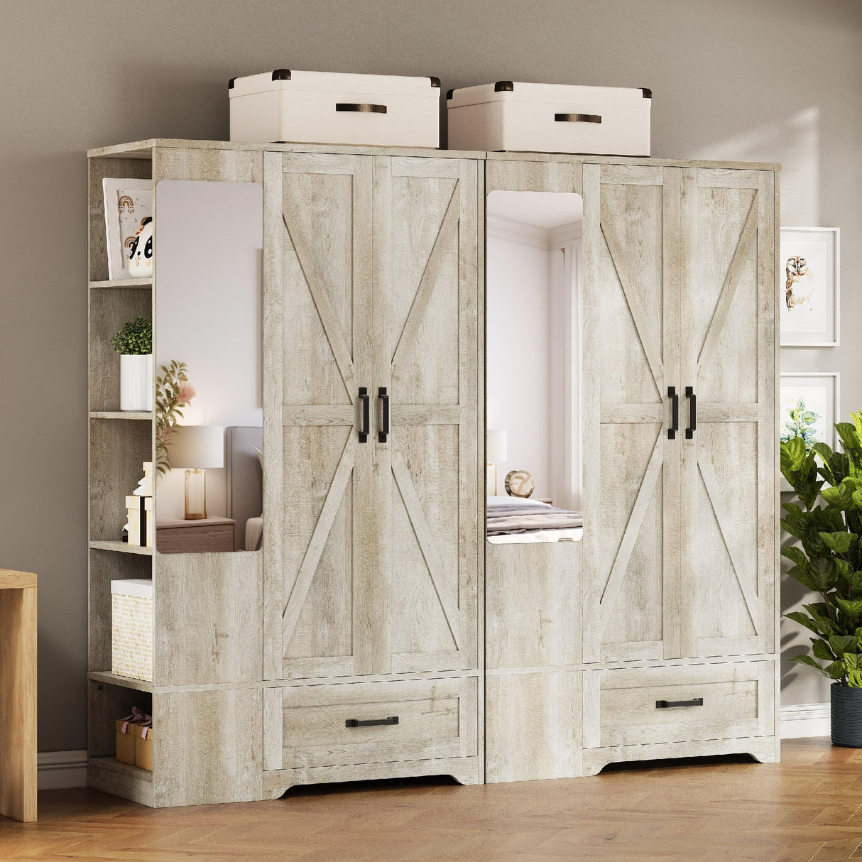 LIKIMIO Armoire Wardrobe Closet 70 Inches, Large Storage with Mirror, 2 Doors, Drawer, and Shelves, Modern Bedroom Freestanding Wooden Wardrobe Combination with Hanging Rail, Rustic Maple LIKIMIO