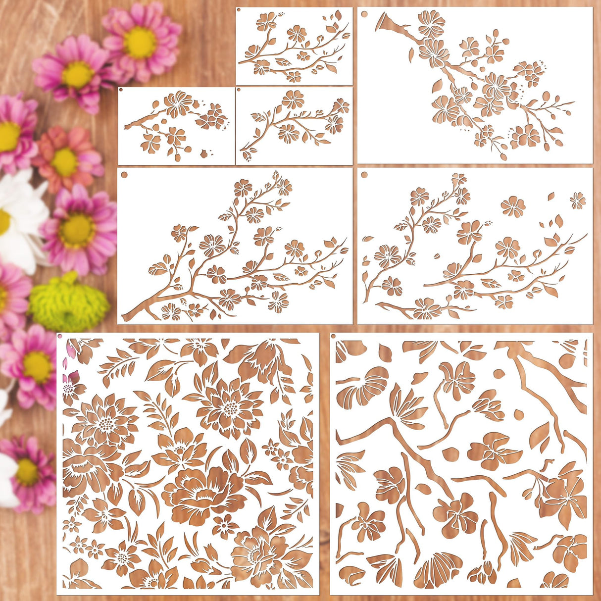 Keluna Flower Stencils for Painting - 8 Pcs Reusable Flower Crafts Templates Spring Stencils for Painting on Wood Wall Fabric Rock Dot Painting Art Projects Keluna