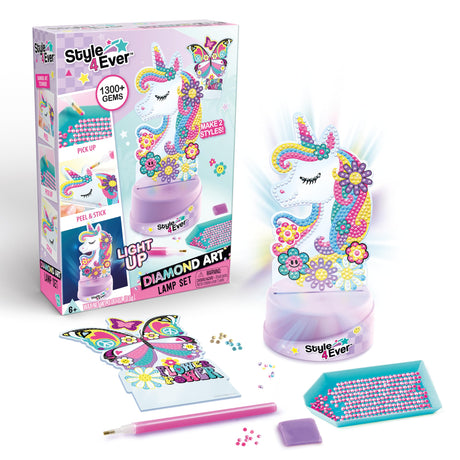 Canal Toys Style 4 Ever Diamond Art Unicorn or Butterfly Lamp Set. Bead up The Unicorn and Butterfly, Then swap Out on The Light up Base. Age 6+ Canal Toys