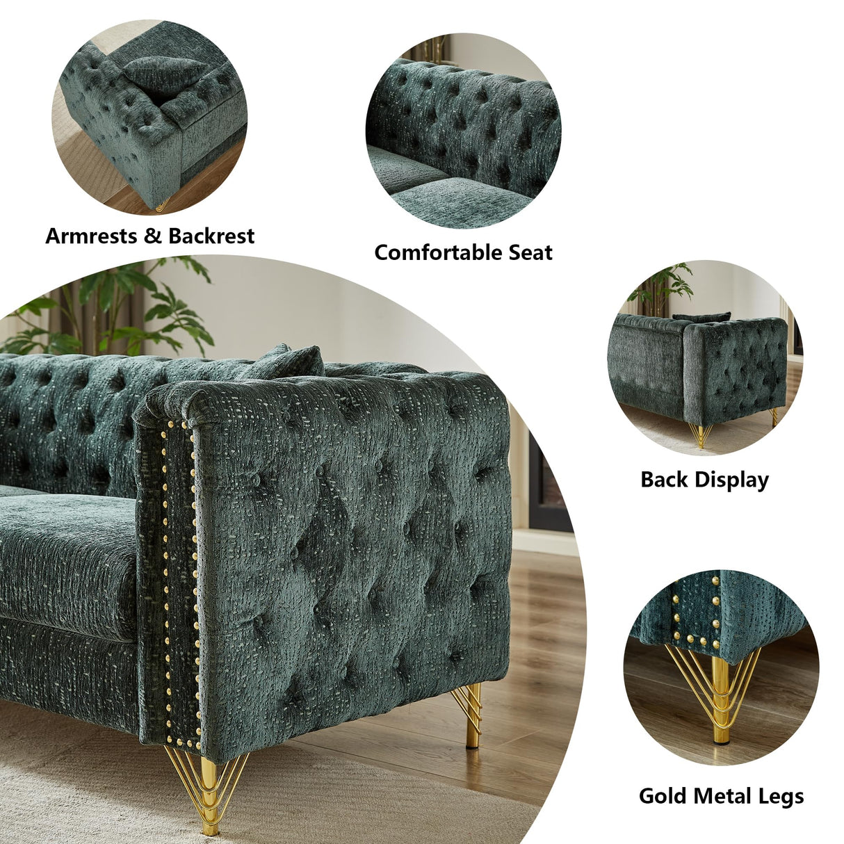 Nestglow Luxury Chenille Buttons Tufted Sofa, 82'' Sectional Sofa, Modern 3 Seater Deep Sectional Couch with Copper Nail Decoration and Gold Metal Legs for Living Room, Bedroom, Apartment, Green Nestglow