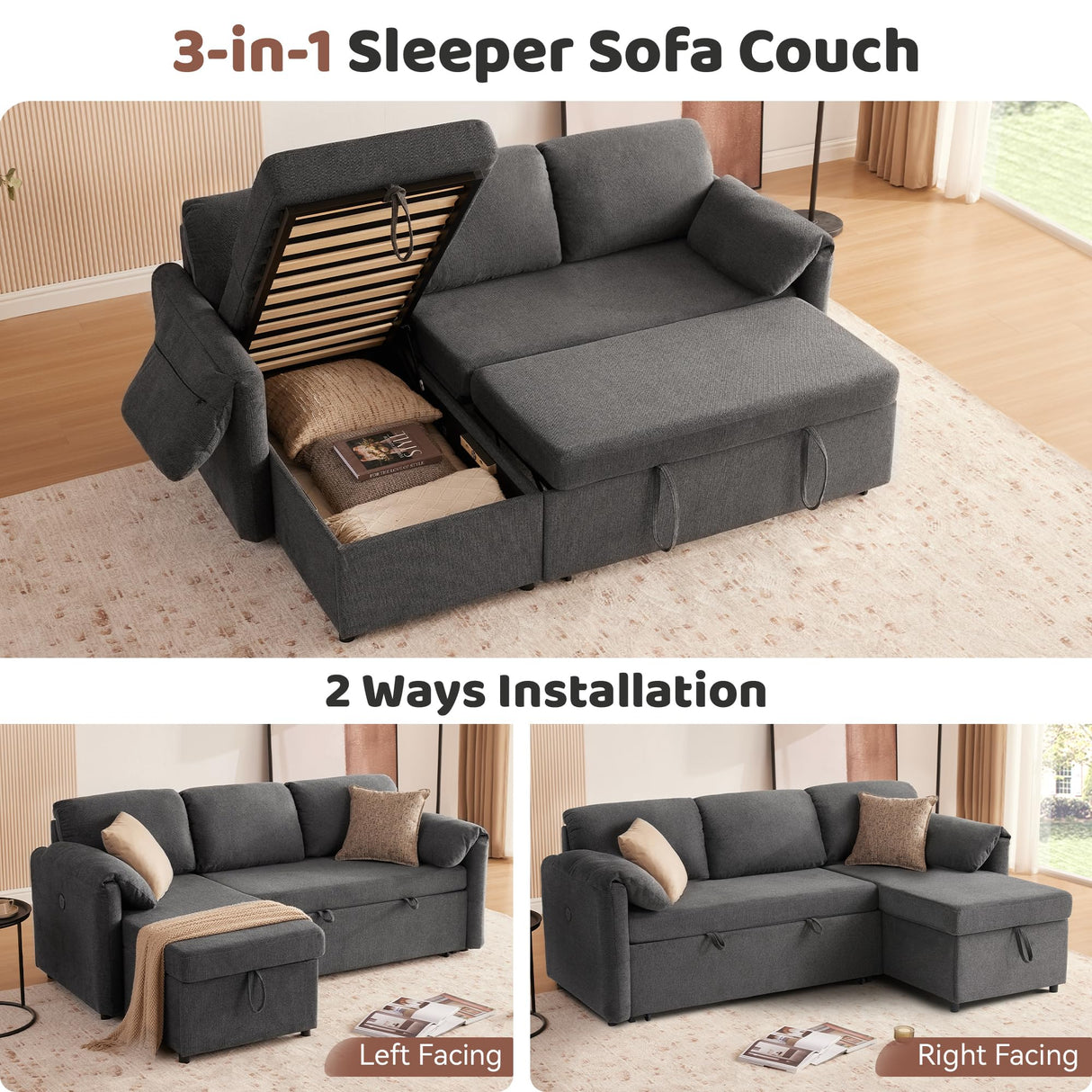 Tbfit Sleeper Sofa Couch with Pullout Bed, 83’’Sofa Bed Couch with Storage Chaise & USB, Egyptian Velvet Convertible Sleeper Sofa, Pull Out Sofa for Living Room, Dark Gray Tbfit