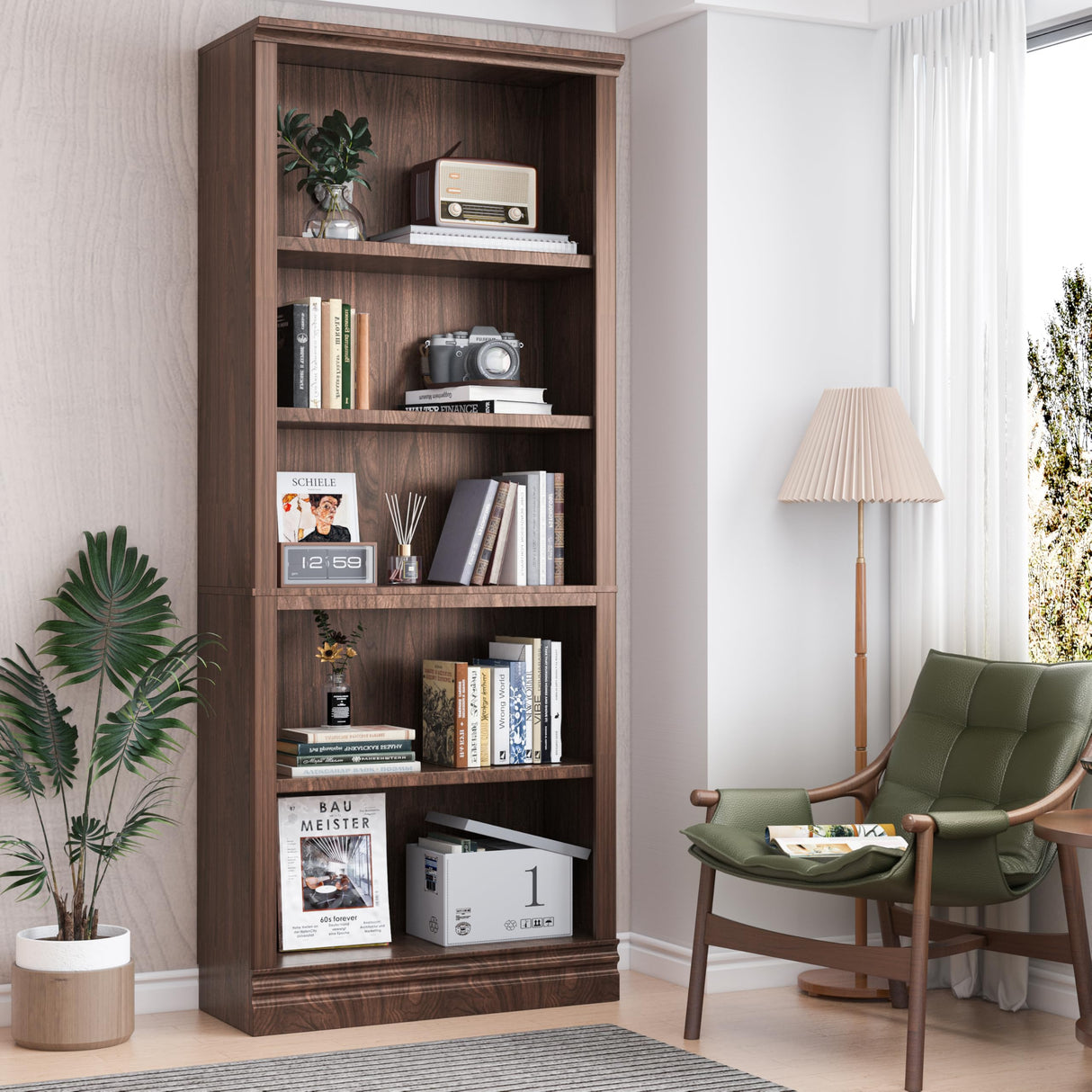 Fllution 72 in Tall Bookcase, 31.3 in Wide Floor Standing Bookshelf, Open Storage 5-Shelf Bookshelves, Dark Cherry Large Indoor Furniture for Home Office School Library Living Room Bedroom Fllution