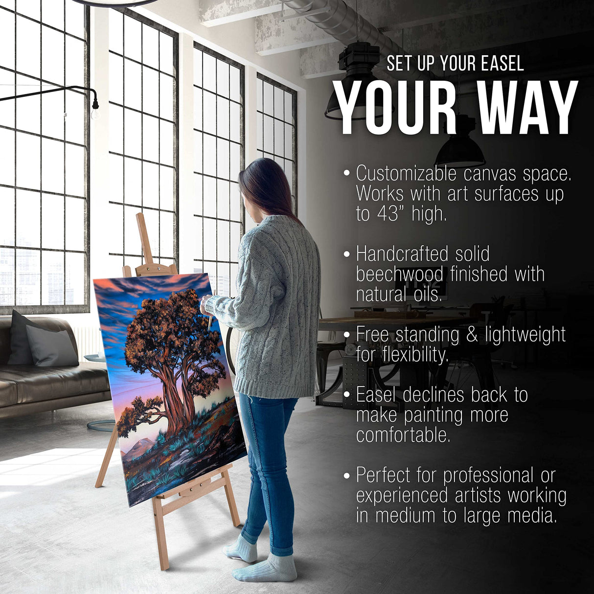 U.S. Art Supply 56" High Medium A-Frame Wood Easel, Lyre Style Studio - Artists Floor Stand, Sturdy Beechwood, Adjustable Height To 43" Canvas - Artwork Painting, Drawing, Sign Display Holder, Student U.S. Art Supply
