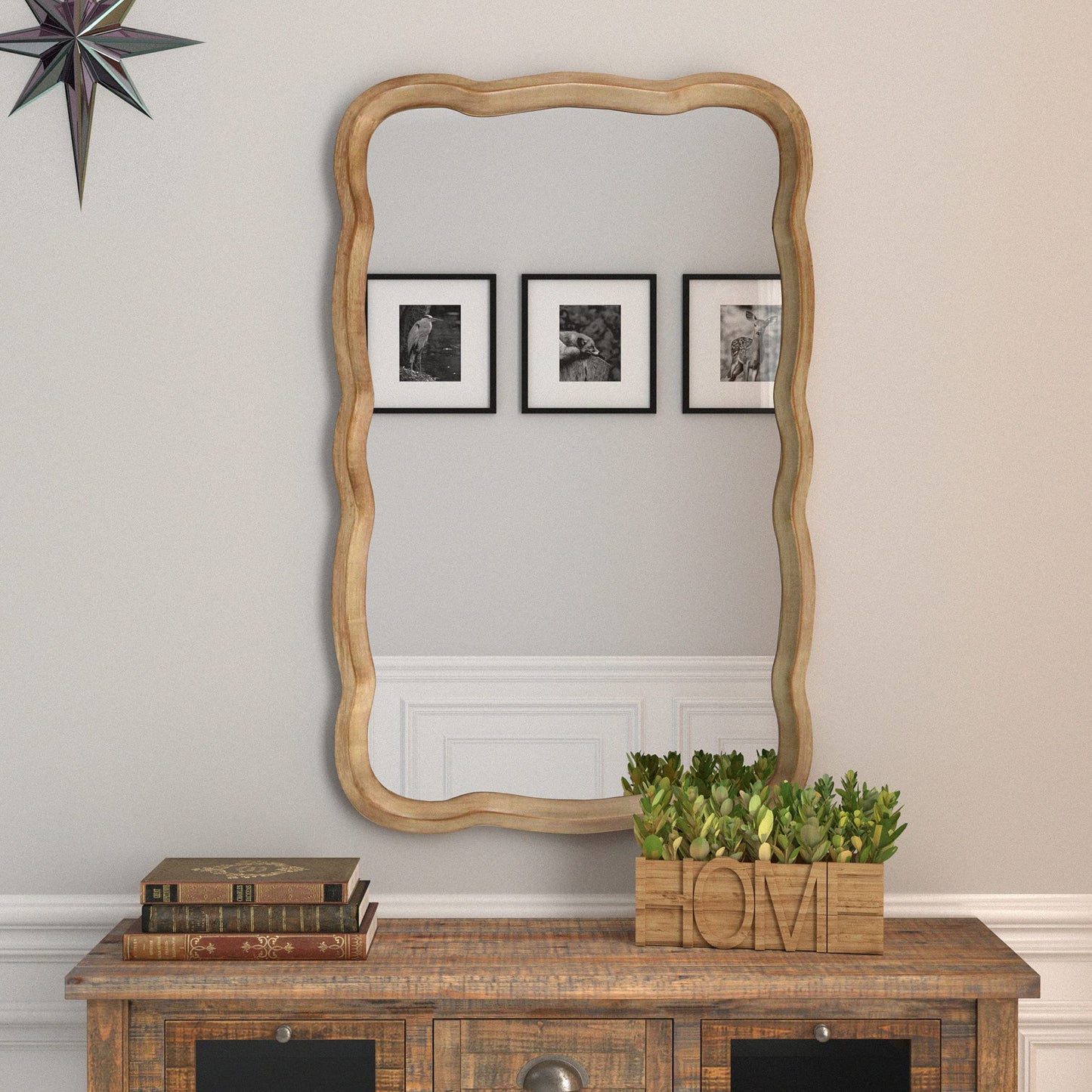 COZAYH Curved Wood Frame Accent Mirror, Farmhouse French Country Decorative Wall Mirror, Rectangle 23.5”L x 38”W, Natural - WoodArtSupply