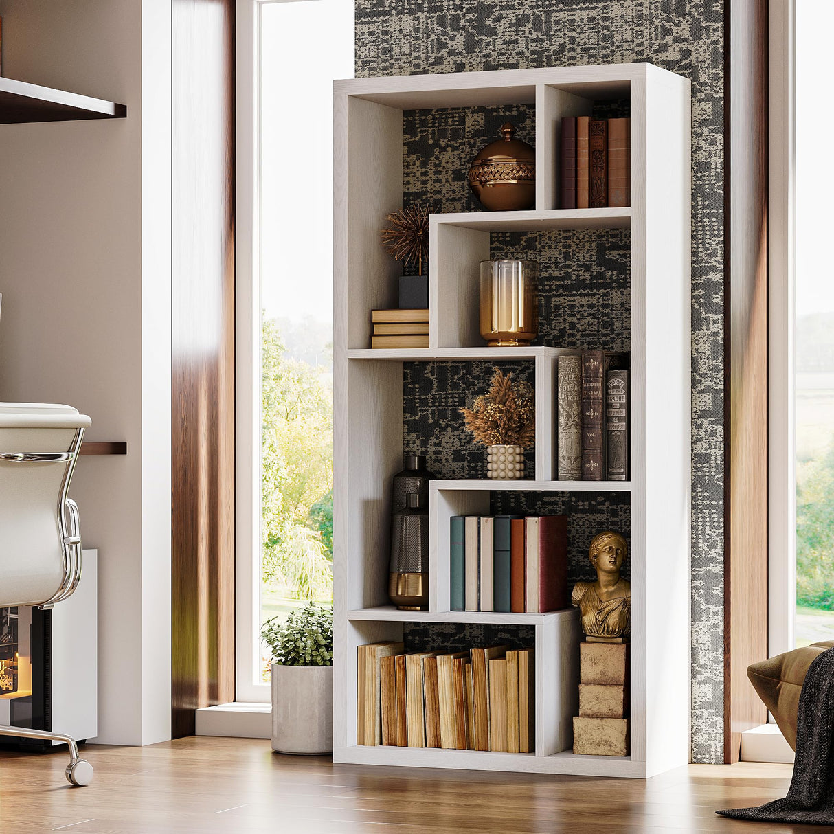 IRONCK Geometric Bookcase 6-Shelf Industrial Bookshelf White Etagere Bookcase Tall Storage Display Bookshelf with Thicken Shelf for Living Room Home Office IRONCK