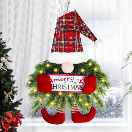 Sggvecsy Christmas Wreath Gnome Wreath with Lights Santa Gnome Christmas Hanging Sign Front Door Decoration Artificial Pine Spruce Wreath Swedish Tomte Wall Décor for Home Xmas Porch Indoor Outdoor Sggvecsy
