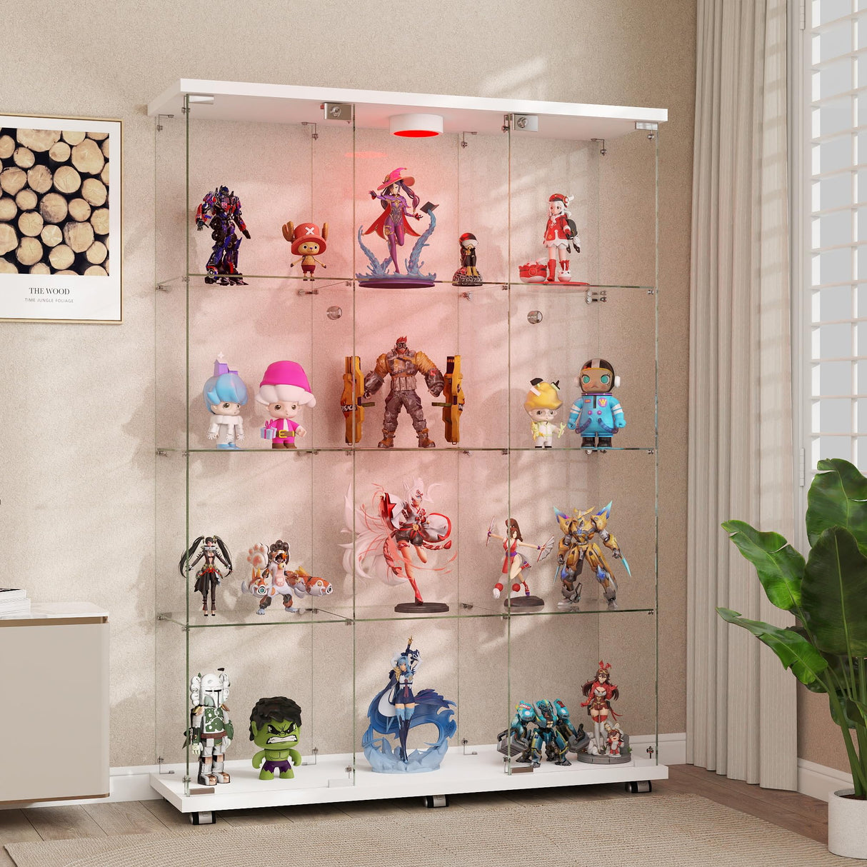 HAMBING Glass Display Cabinet with LED Light & Lock, 4 Shelves 3-Column Display Showcase, 2 Side Doors and Open Center Column, Tempered Glass Curio Cabinet for Bedroom, Living Room - White HAMBING