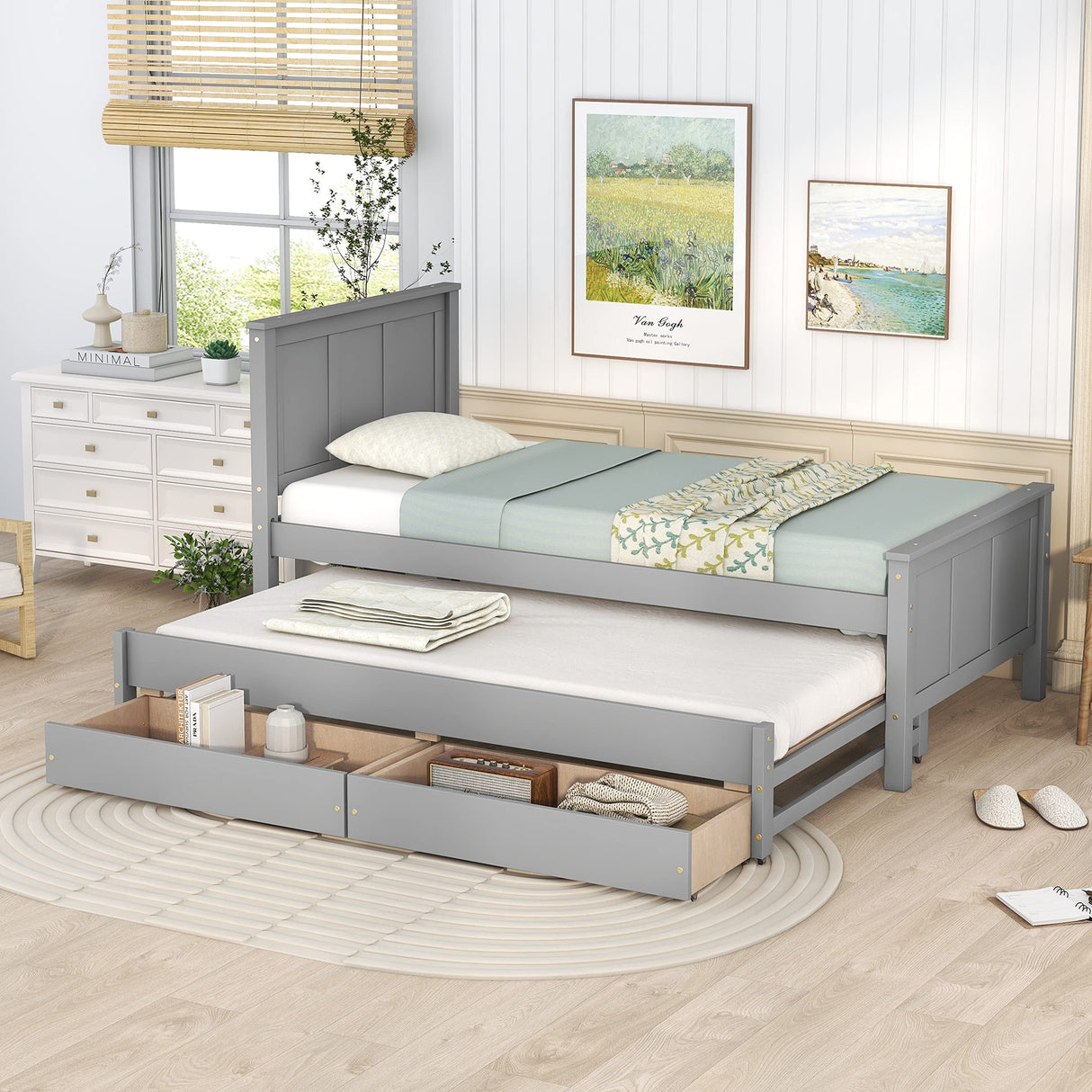 Merax Wood Farmhouse Platform Bed with Trundle and 2 Drawers Twin Daybed Frame with Headboard for Kids Teens Adults/No Box Spring Needed, Grey Merax