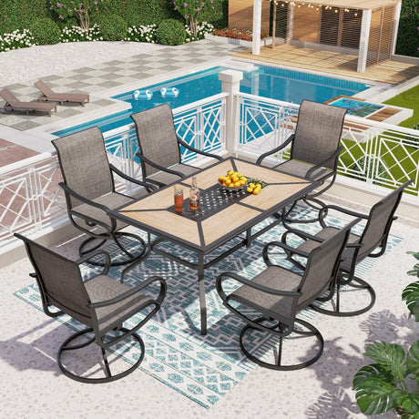 PHI VILLA 7 Piece Patio Dining Set, 6 Swivel Patio Chairs with Textilene Mesh Fabric & Rectangular Wooden-Like Dining Table(1.6"Umbrella Hole), All Weather Patio Chairs and Table Set for Deck (Brown) PHI VILLA