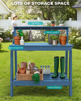 SERWALL Potting Bench Outdoor with Storage, 3-Tier HDPE Gardening Table with Angled Legs & Tool Hooks, All-Weather Heavy Duty Potting Table for Patio, Backyard, Garden, Blue SERWALL