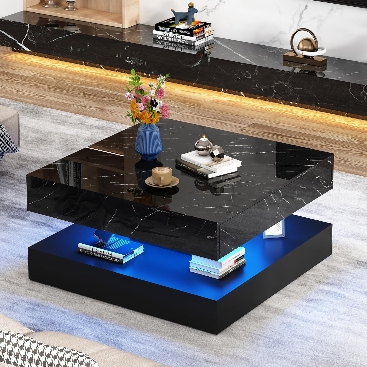jiteentarou 33.9" LED Coffee Table with Storage, Modern High Glossy Living Room Table w/2 Drawers,Double-Layer Design Large Square Center Table for Living Room, Home, Office, Black Marble jiteentarou