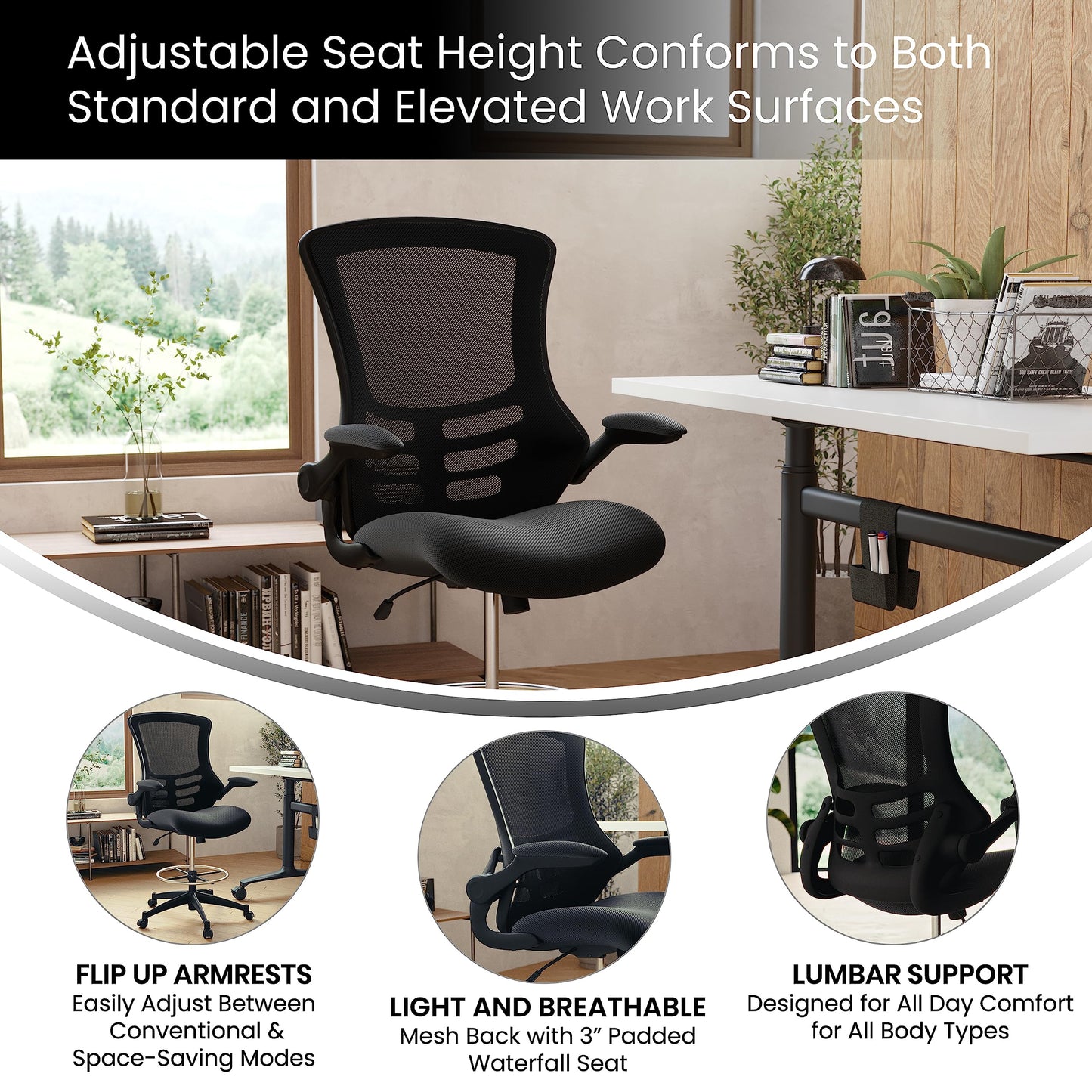 Flash Furniture Kelista Mid-Back Swivel Office Chair with Adjustable Seat Height, Ergonomic Mesh Desk Chair with Flip-Up Armrests, Black - WoodArtSupply