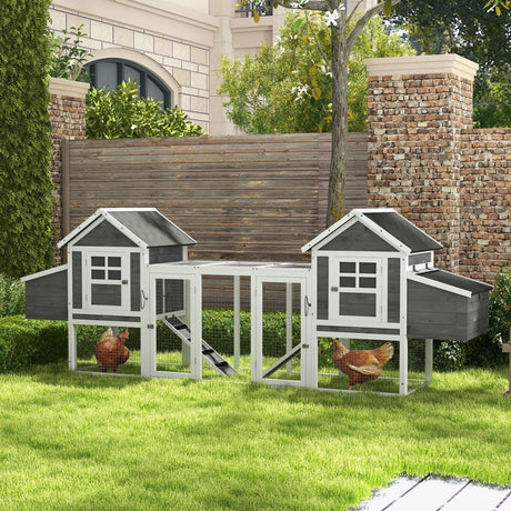 PawHut Dual Wooden Chicken Coop with Garden Bed, Large Outdoor Hen House with Nesting Boxes Removable Trays, Ramps Run, for Garden Backyard, 123" x 27.5" x 42.5", Dark Gray PawHut
