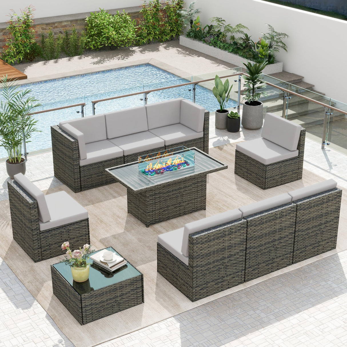UIXE Outdoor Patio Furniture Sets with Propane Fire Pit Table, 10 Pieces Wicker Patio Sectional Sofa Lounge Couch Seating PE Rattan Conversation Set Includes 45" Gas Fire Table, Light Gray UIXE