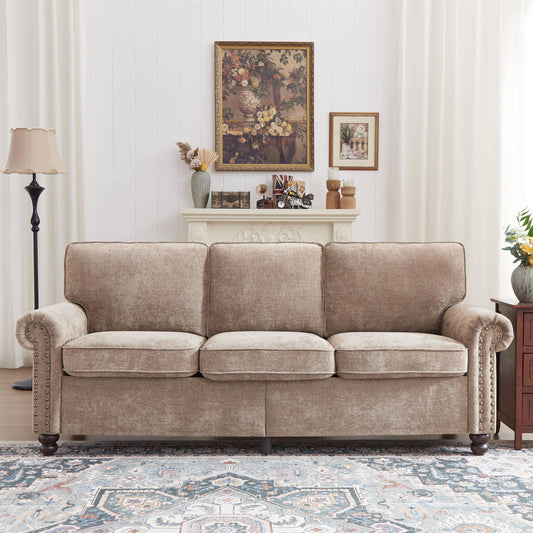 Sivoey 81.5" 3 Seat Sofa Couch, Rolled Arm Sofas with Nailhead Trim, Chenille Upholstered Deep Seat Couch, 3 Seat Cushions, Comfy Brown Couches for Living Room, Bedroom, Office, Apartment