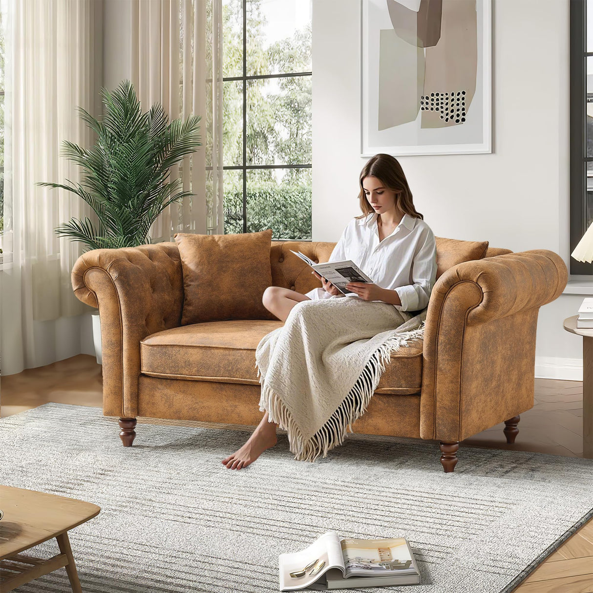 66" Chesterfield Tech Fabric Loveseat Sofa, High-Tech Fabric Upholstered Rolled Arm Couch, Tufted Mid Century Modern 2-Seater Sofa for Living Room, Office, Small Apartment,Brown TTK