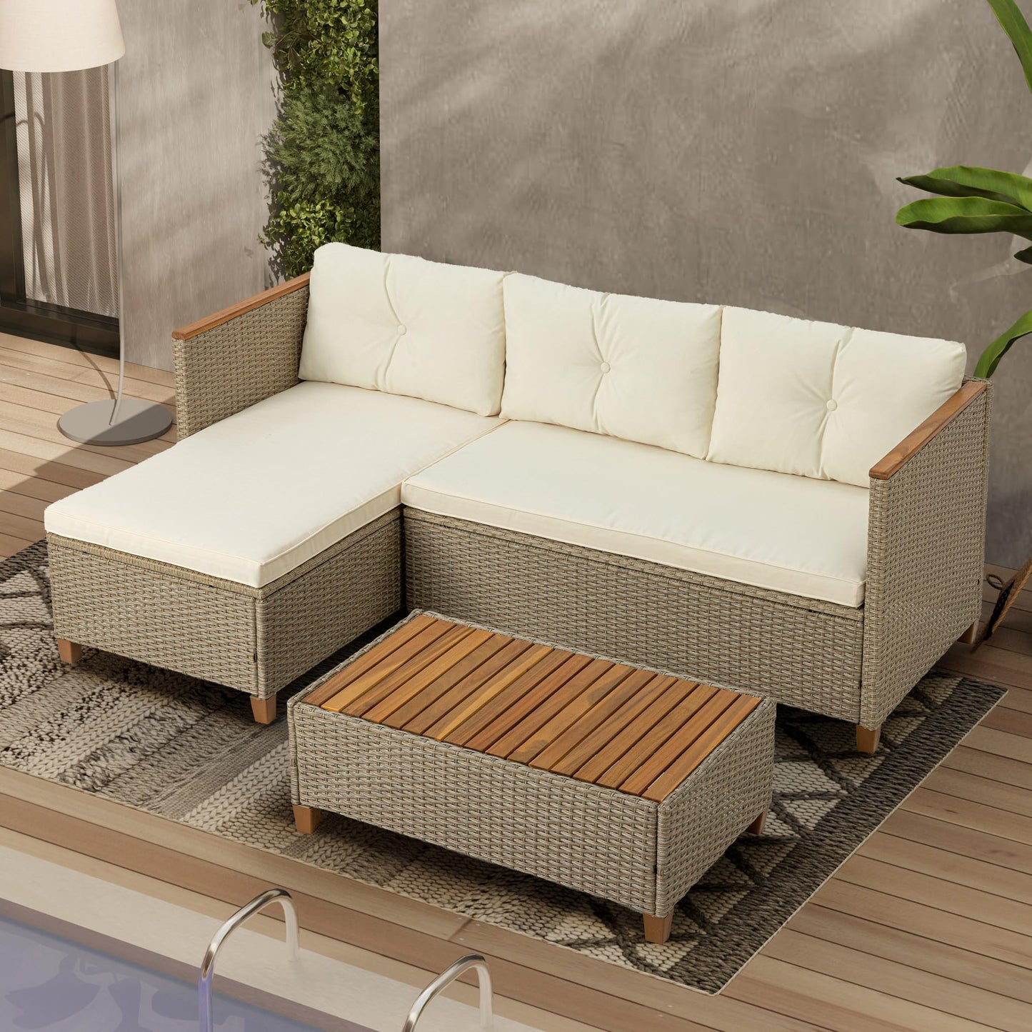 WiberWi Patio Furniture Set 3 Piece Outdoor Sectional Sofa Couch All Weather Rattan Wicker Conversation Set with Acacia Wood Coffee Table for Backyard Porch Garden Balcony, Waterproof, Beige - WoodArtSupply