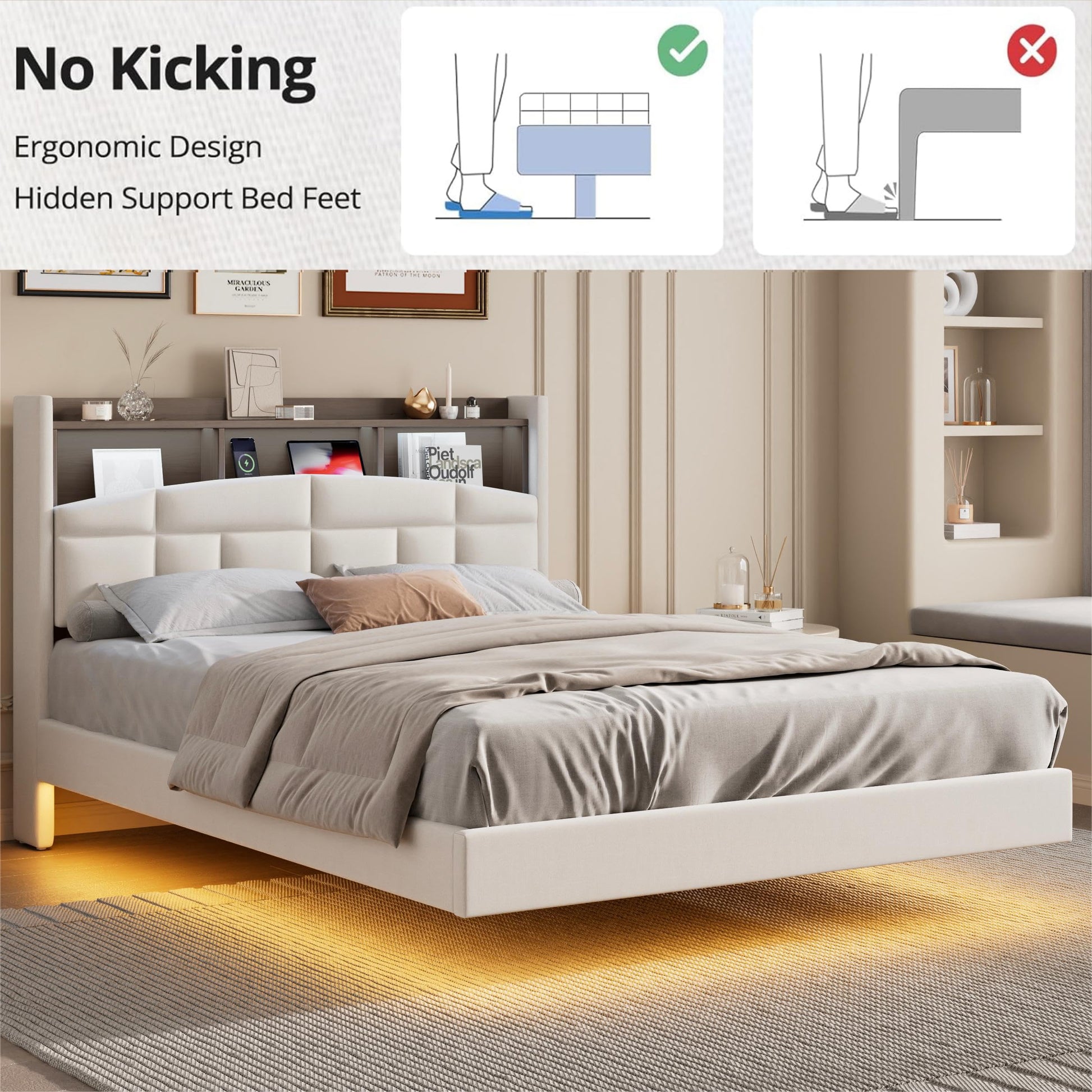 EDWZK Queen Velvet Floating Bed Frame with RGB LED Lights and Charging Station - WoodArtSupply