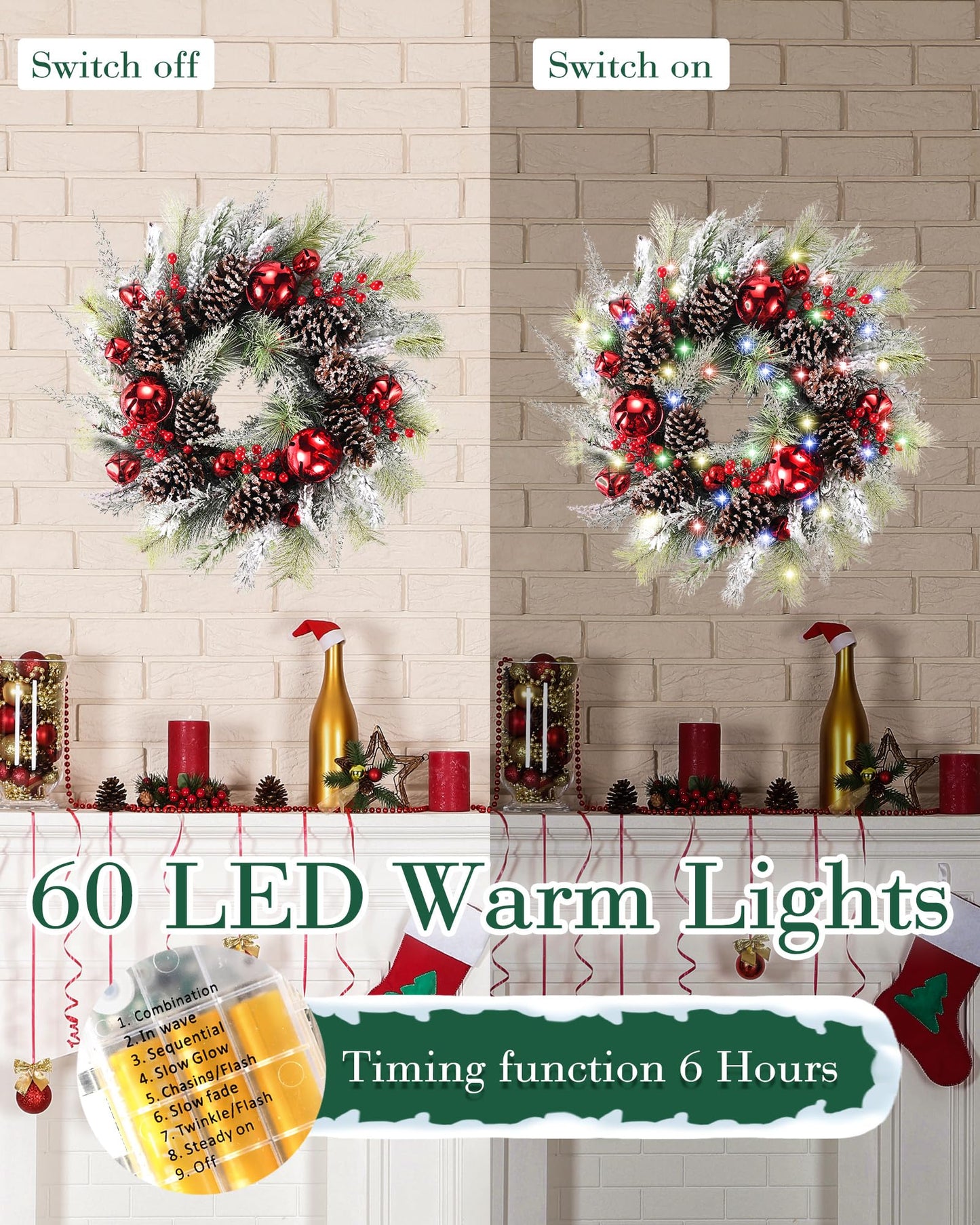 DDHS Christmas Wreaths for Front Door,24 Inch Pre-Lit Winter Wreath with Big Bells, Pine Cones, Red Berries 60 LED Lights, for Party Table Fireplaces Porch Walls New Years Christmas Home Decor-Snow