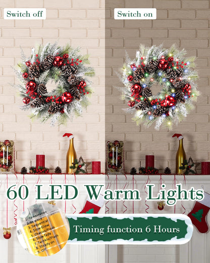 DDHS Christmas Wreaths for Front Door,24 Inch Pre-Lit Winter Wreath with Big Bells, Pine Cones, Red Berries 60 LED Lights, for Party Table Fireplaces Porch Walls New Years Christmas Home Decor-Snow