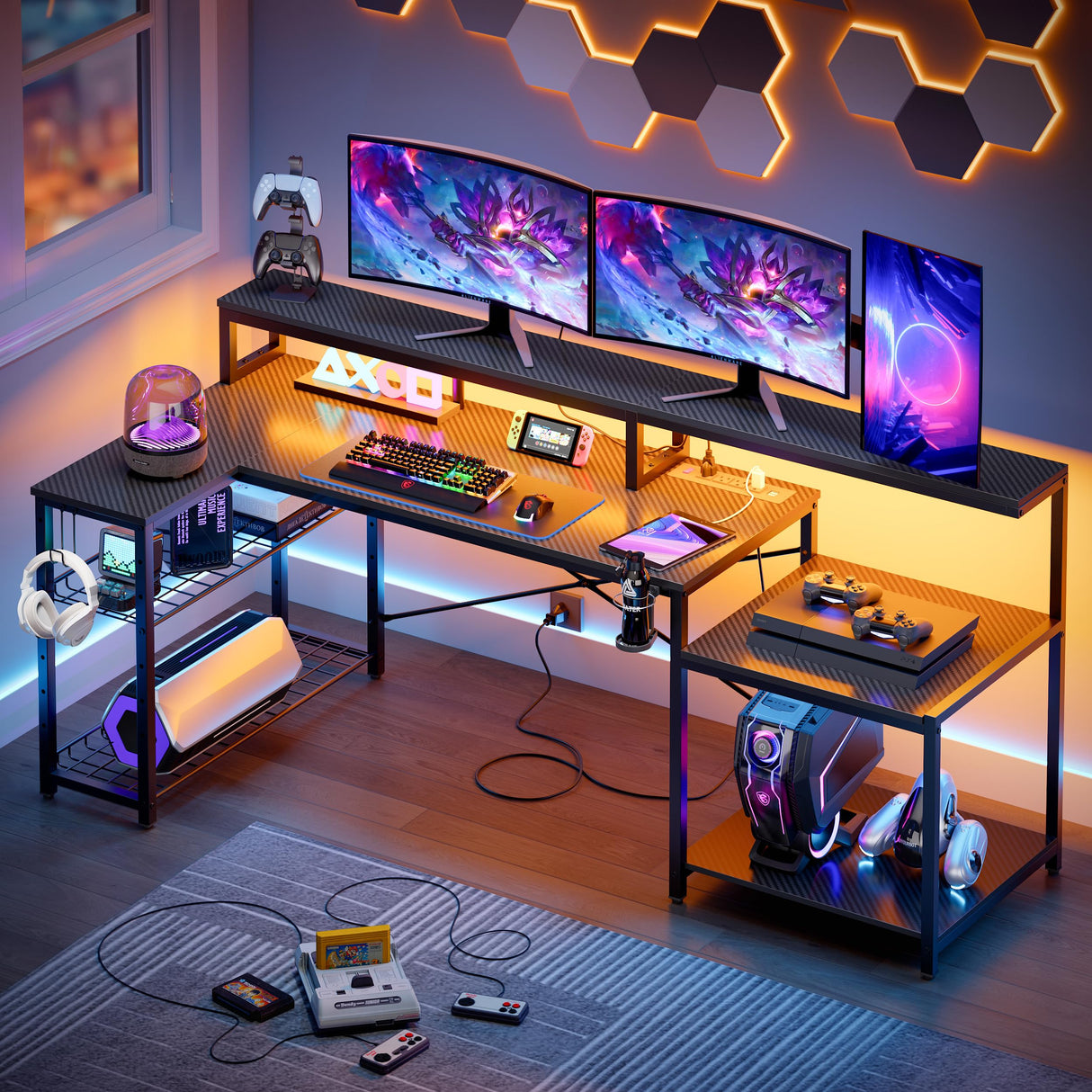 Bestier Gaming Desk with Power Outlets, 71.5 LED Computer Desk with Long Monitor Stand, Large L Shaped Corner Desk with Storage Shelf, Cup Holder Headset Hooks, Cool Desk for Gaming Room, Black Bestier