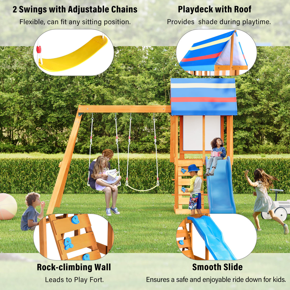 Merax Wooden Playground Sets for Backyards, 3 in 1 Swing and Slide and Climber Set Outdoor Playset for Garden Backyard, Blue Merax