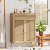 Rovaurx Accent Floor Storage Cabinet with Rattan Doors, Bathroom Cabinet with Large Drawer, Freestanding Storage Cabinet Organizer, Natural BMGZ107M Rovaurx