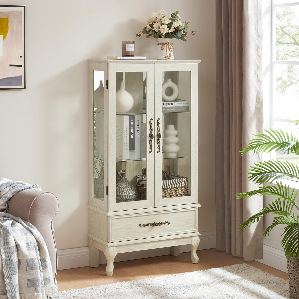 BROVAVE 52" Curio Cabinet with Adjustable Shelves and Vintage Drawer,Display Cabinet with Two Door and Lighted Glass for Living Room,Entryway,Hallway,Antique White BROVAVE