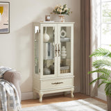 BROVAVE 52" Curio Cabinet with Adjustable Shelves and Vintage Drawer,Display Cabinet with Two Door and Lighted Glass for Living Room,Entryway,Hallway,Antique White BROVAVE