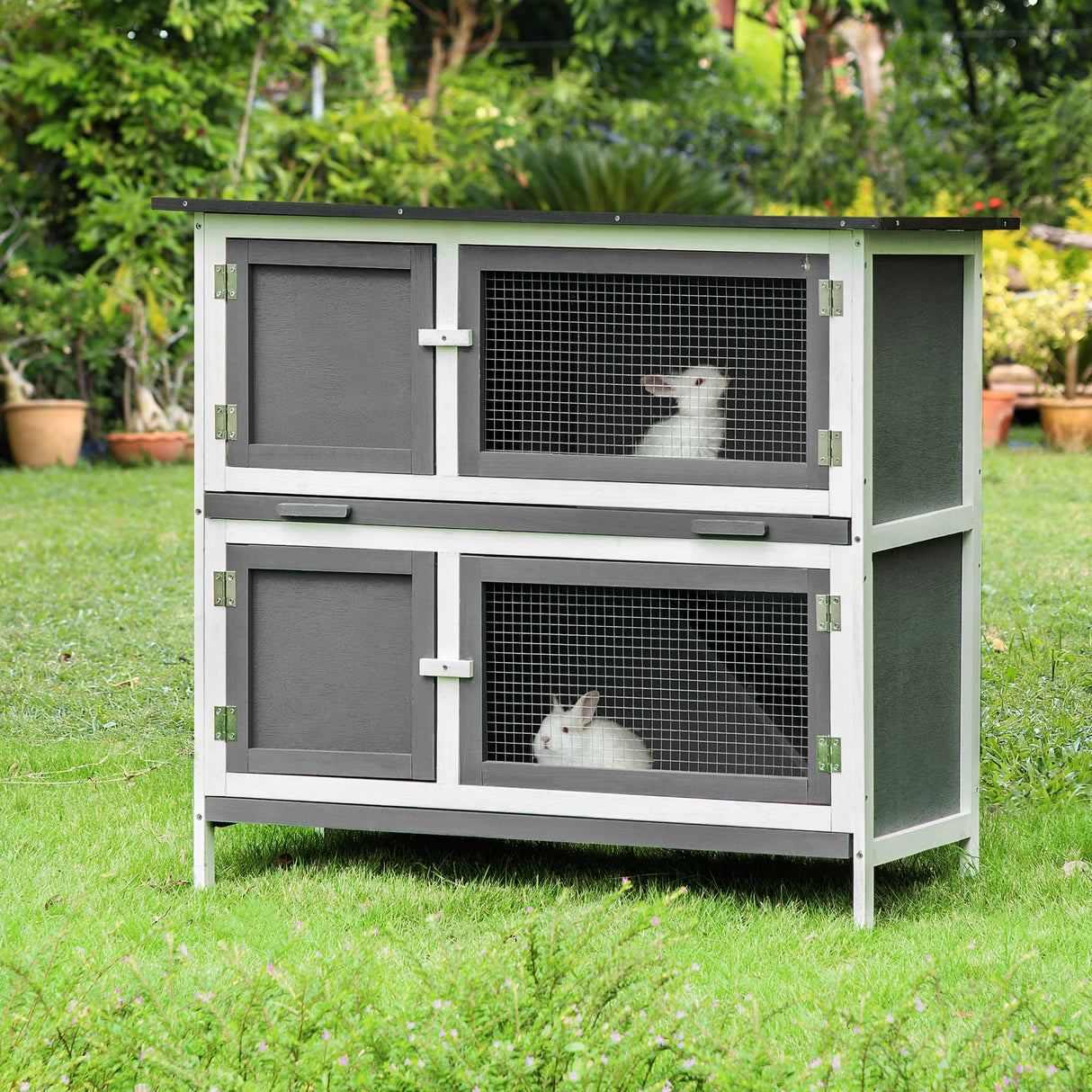 PawHut Wooden Bunny Hutch Rabbit Hutch Small Animals Habitat with Ramp, Removable Tray and Weatherproof Roof, Indoor/Outdoor, Grey PawHut