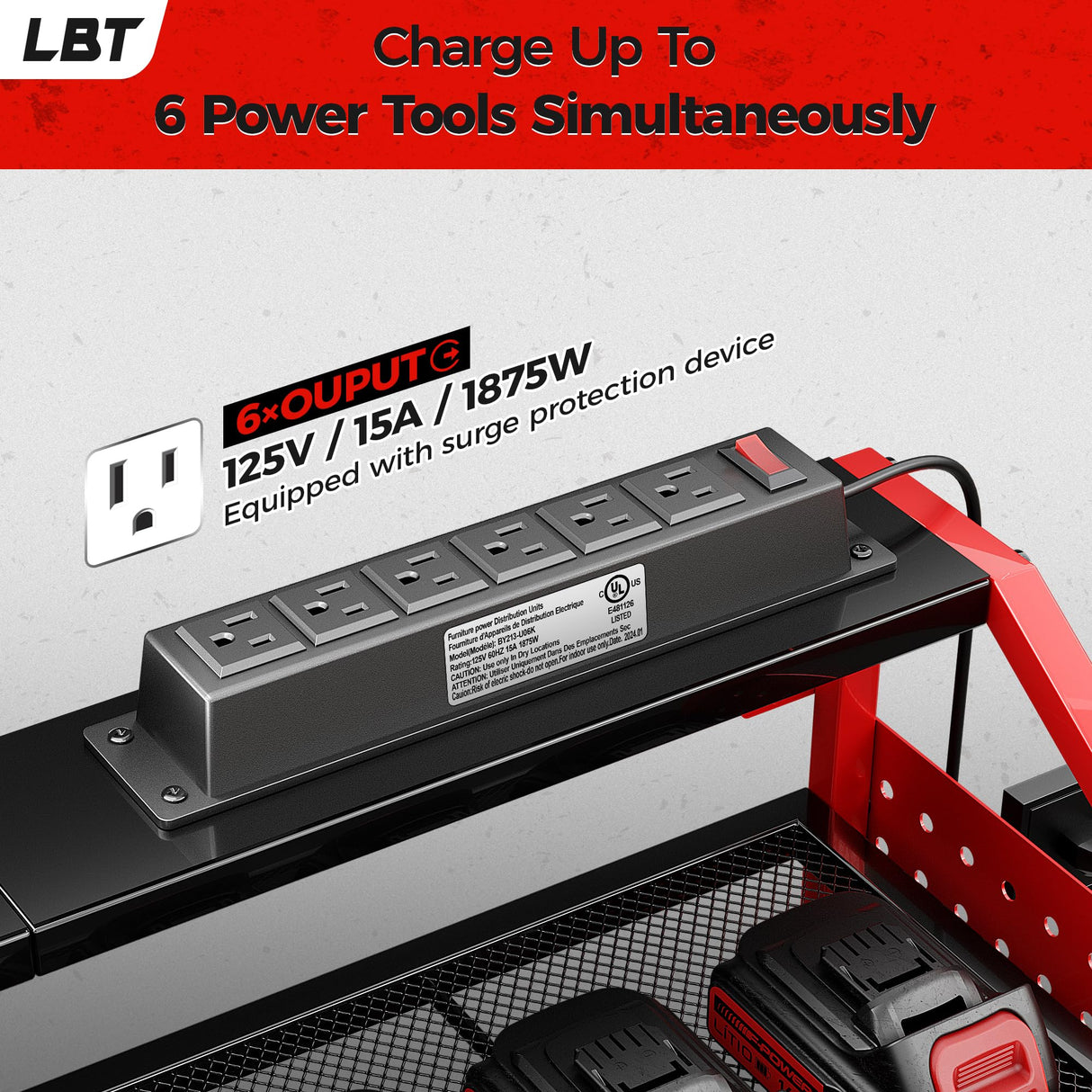 LBT Power Tool Organizer Wall Mount with Charging Station. Patented, Heavy Duty Steel, Garage 6 Drill Storage Shelf, 8 Hooks,2 Screw Boxes,6 Outlets Power Strip, Easy Install Power Tool Storage Rack. LBT