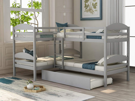 Harper & Bright Designs Quad Bunk Bed with Trundle, L Shaped Bunk Bed for 4 Kids, Wooden Twin Bunk Bed Frame for Kids Teens Adults (Gray) Harper & Bright Designs
