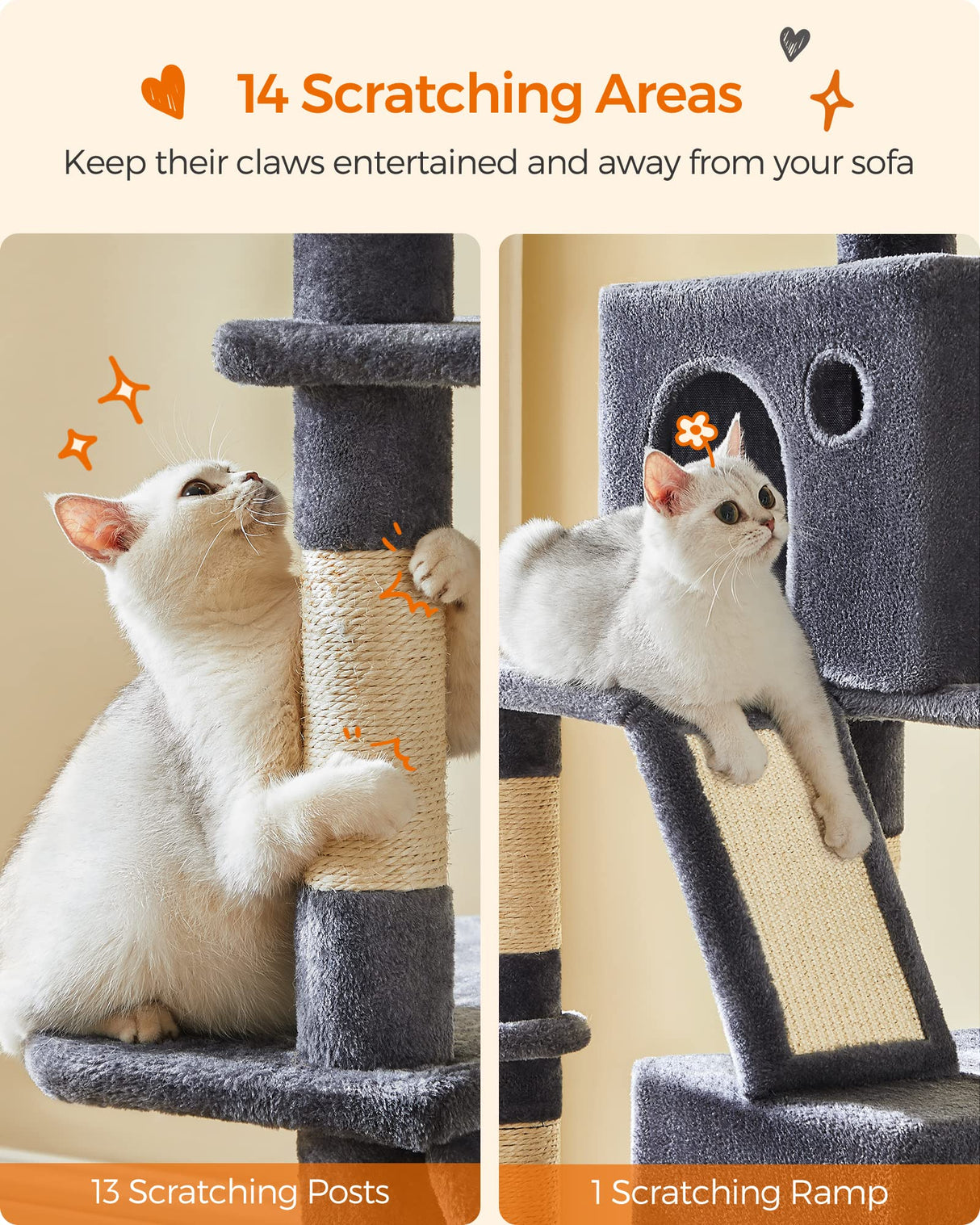 Feandrea Cat Tree, 81.1-Inch Large Cat Tower with 13 Scratching Posts, 2 Perches, 2 Caves, Basket, Hammock, Pompoms, Multi-Level Plush Cat Condo for Indoor Cats, Smoky Gray UPCT190G01 Feandrea