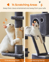 Feandrea Cat Tree, 81.1-Inch Large Cat Tower with 13 Scratching Posts, 2 Perches, 2 Caves, Basket, Hammock, Pompoms, Multi-Level Plush Cat Condo for Indoor Cats, Smoky Gray UPCT190G01 Feandrea